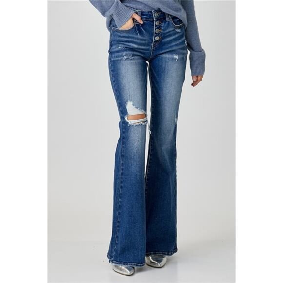 NWT RISEN Distressed Button-Fly Flare Jeans, Slightly Stretchy, Dark Wash - Picture 5 of 7